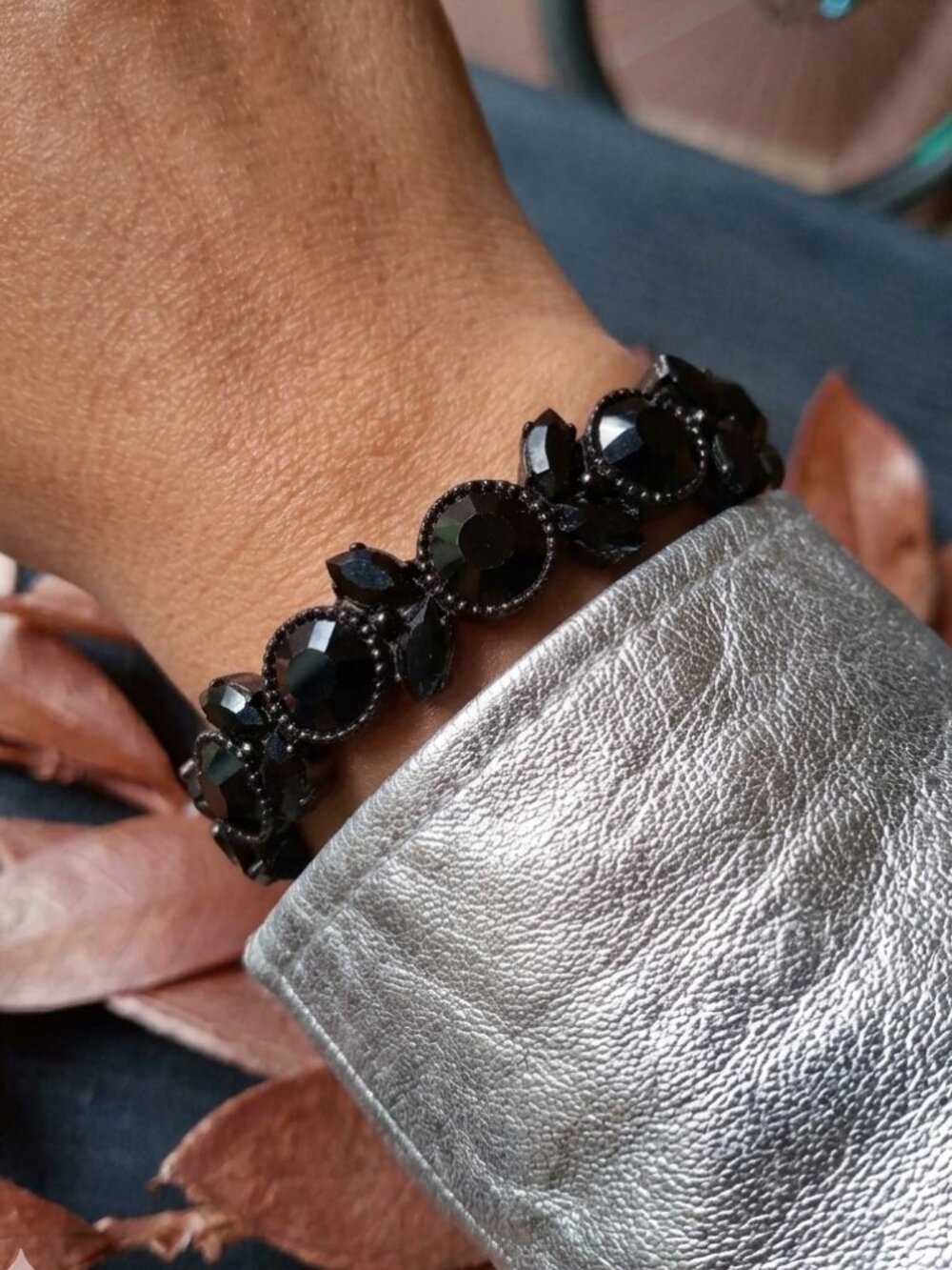 Black Rhinestone Stretch Bracelet Gothic Crystal Statement Bangle Evening Prom